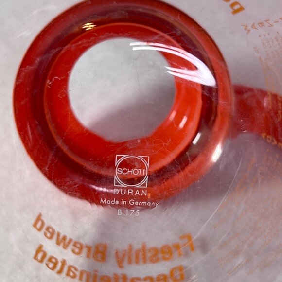 Vintage‎ Schott Duran Glass Coffee Decanter Carafe Orange Handle Decaffeinated - Picture 3 of 3